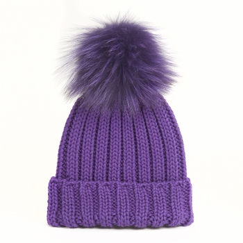 knitted Wool Cap with Fox Pompon, violet